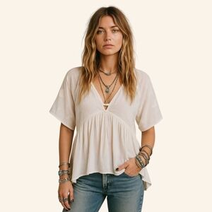Free People Ivory Embroidered New World  Kaftan Top Boho Flowy Festival Vibes S‎